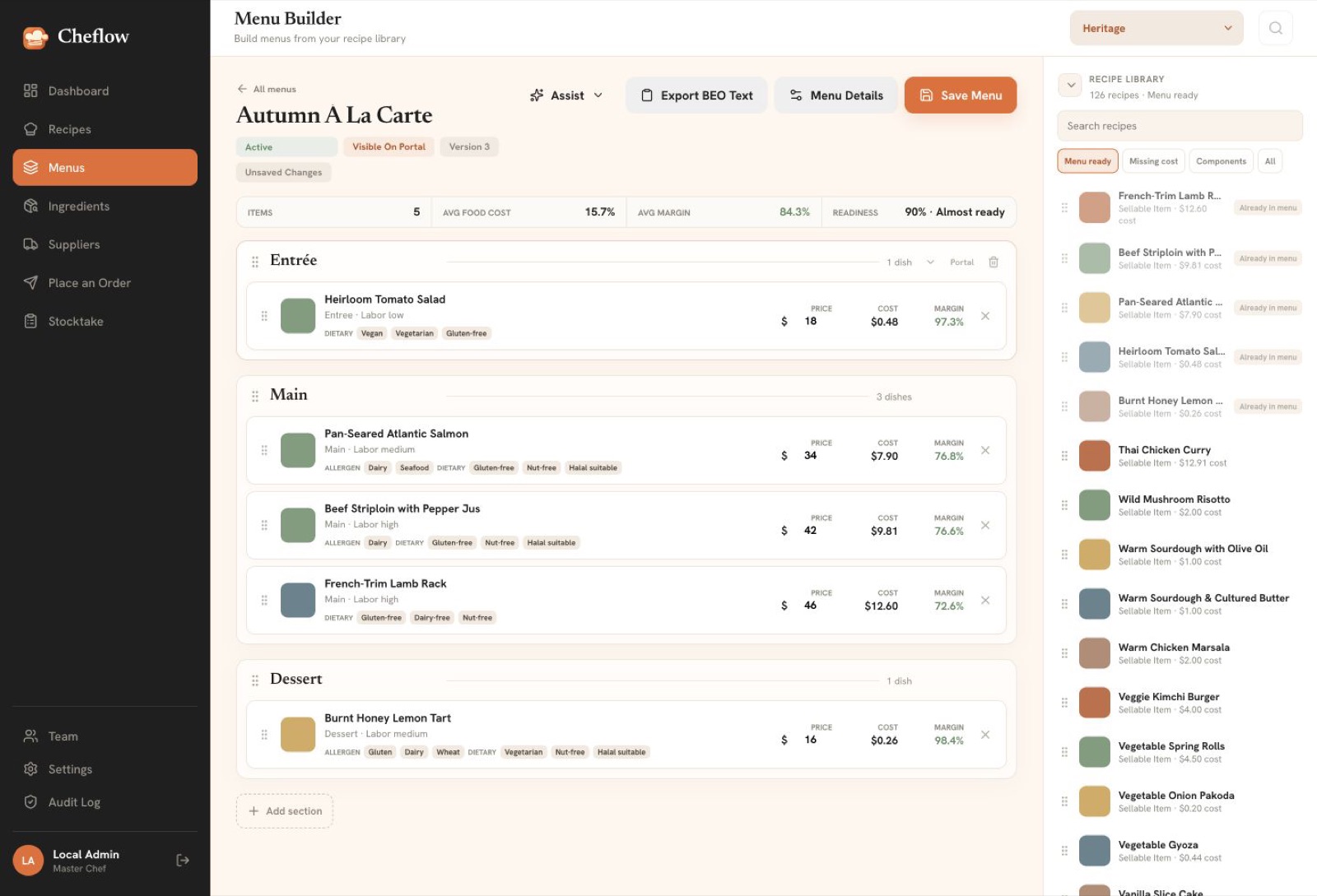 Cheflow Menu Builder showing a demo autumn menu