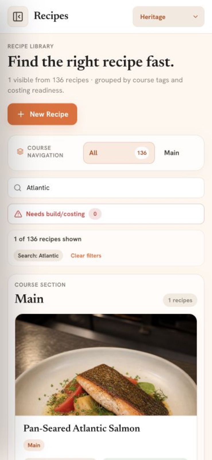 Cheflow mobile recipe library screen with demo recipe data
