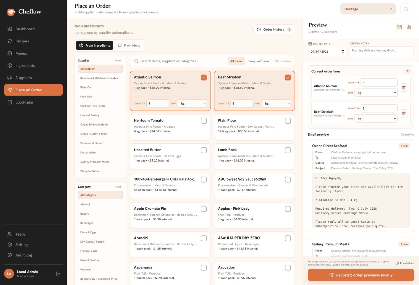 Cheflow Place an Order screen with selected demo supplier lines