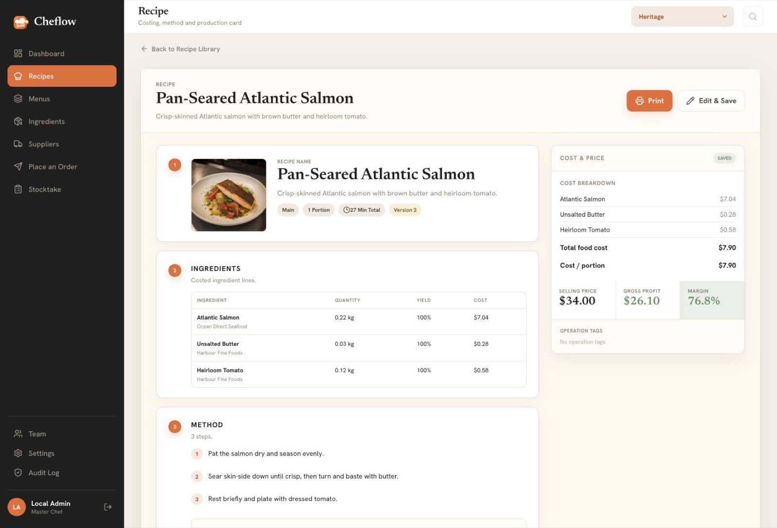 Cheflow recipe detail screen showing a demo Atlantic salmon recipe with cost and production information