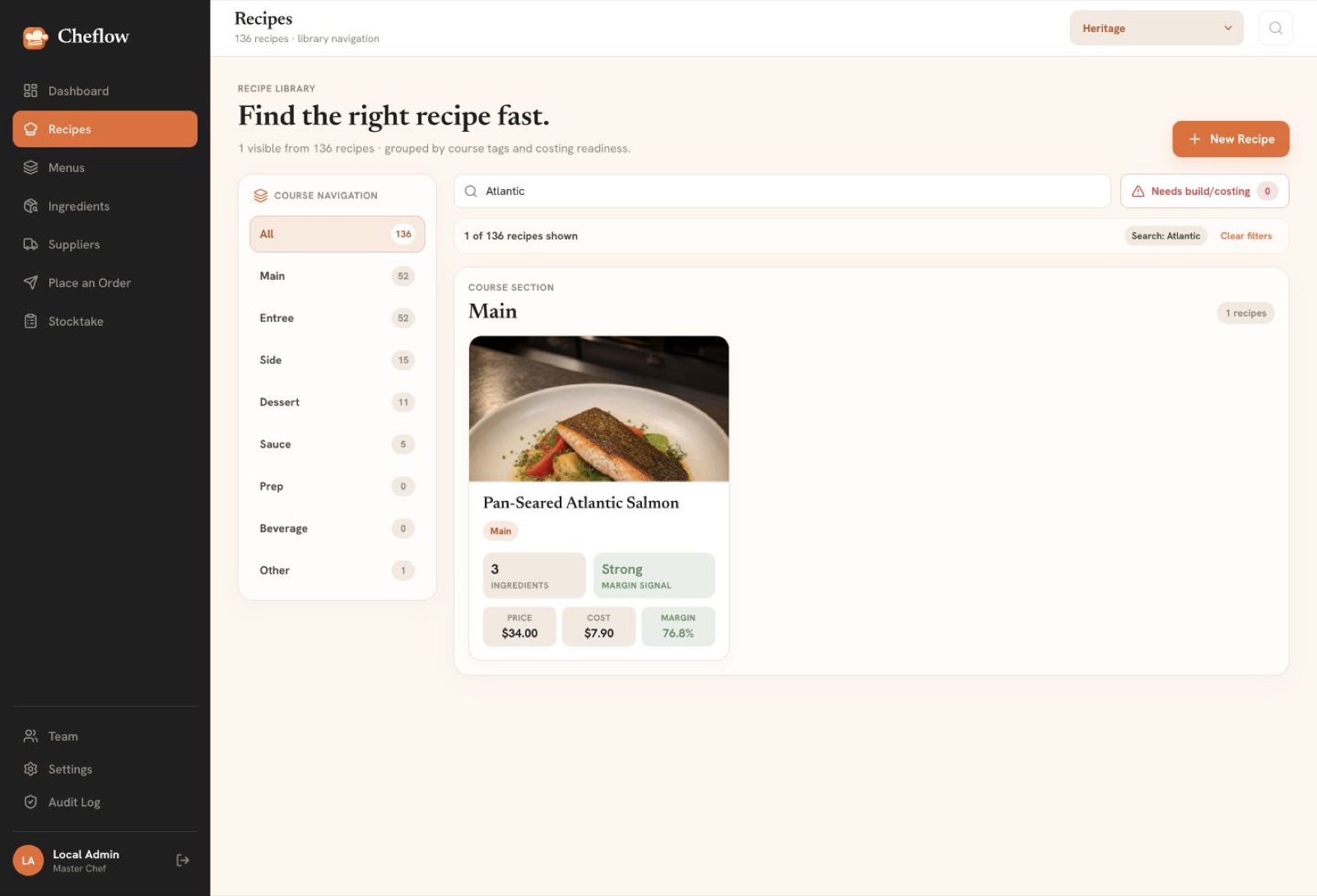 Cheflow Recipe Library with a demo Atlantic salmon recipe