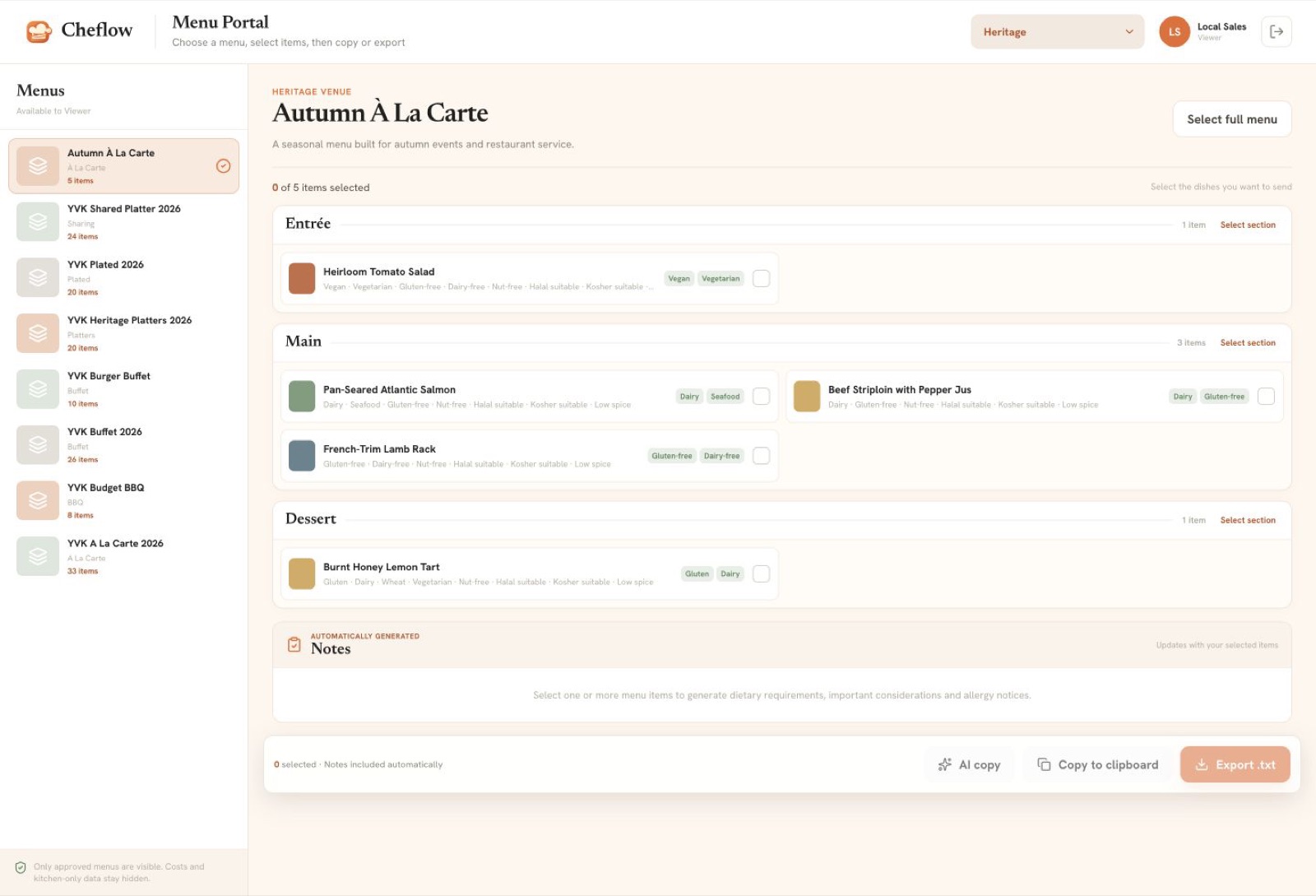 Cheflow Menu Portal screen for a demo sales user