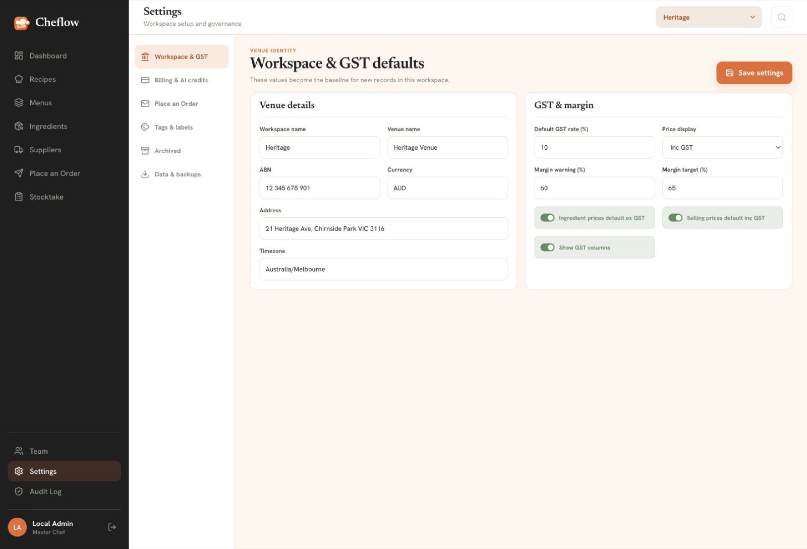 Cheflow Settings screen with demo data