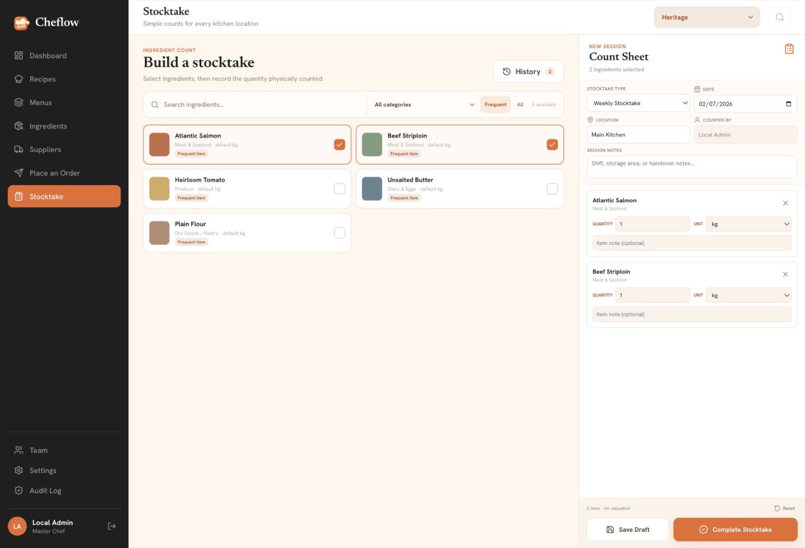 Cheflow Stocktake screen with selected demo ingredients